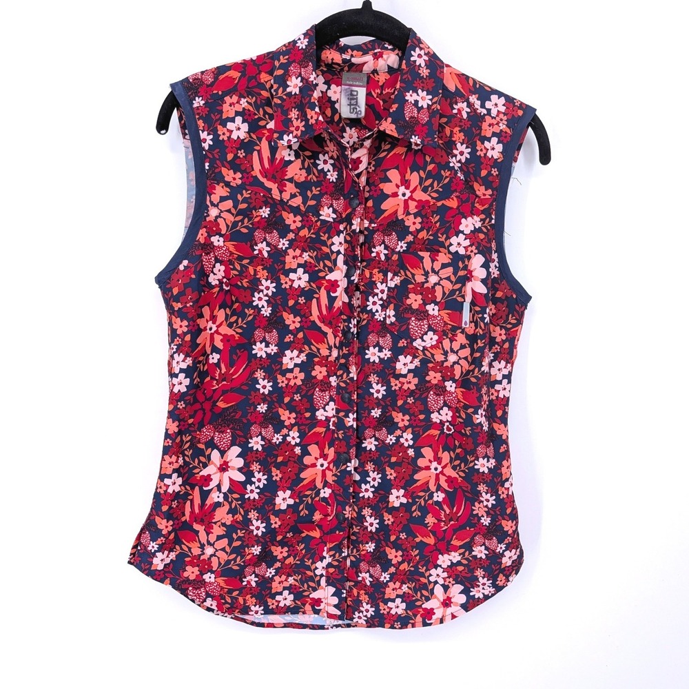 Stio Sleeveless Snap Down Top Women XS Red Floral Strawberry Gorpcore Outdoor